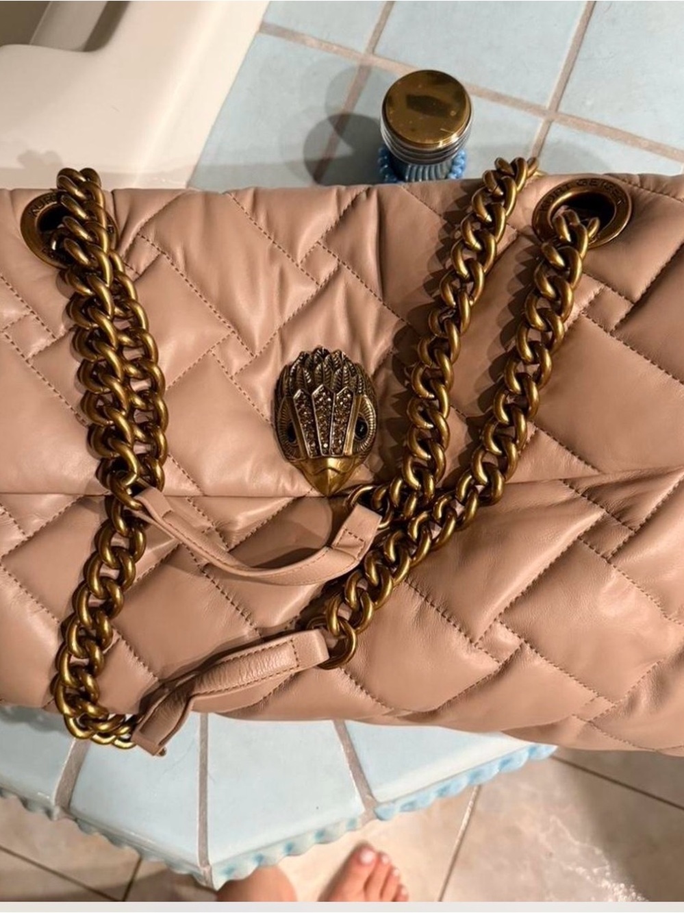 Kurt Geiger Quilted Blush Leather Shoulder Bag with Antique Gold Chain